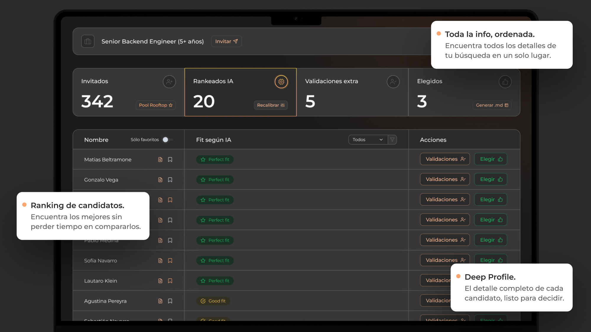 Ranking de candidatos, toda la información ordenada de tus postulantes y el Deep Profile completo para evaluar. 
